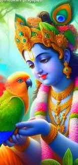 Colorful depiction of Krishna with a parrot in a mystical forest setting.