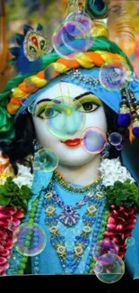 Colorful Krishna artwork with bubbles on a vibrant background.