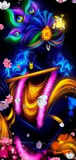 Vibrant Krishna artwork with colorful flowers and mystical elements.