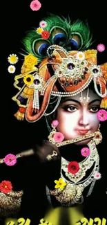 Vibrant Krishna wallpaper with flowers and jewelry on a black background.