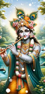 Vibrant mobile wallpaper of Krishna playing flute in nature.