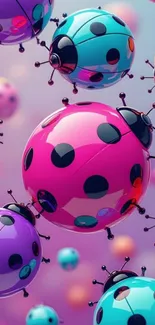 Colorful ladybug-inspired abstract spheres in vibrant purple hues.