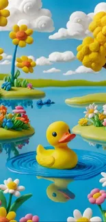 Clay duck in colorful nature scene with flowers and trees.