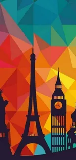 Colorful geometric wallpaper with famous landmarks in silhouette.