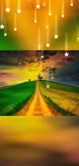 Vibrant fantasy landscape with sunset and starry sky perfect for mobile wallpaper.