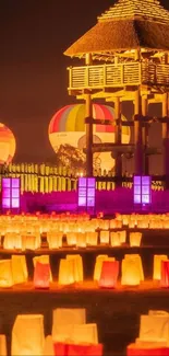 Lantern festival night with balloons and lights.