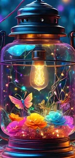 Colorful lantern with flowers and butterflies glowing inside.