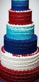 Layered cake wallpaper with red, white, and blue hues.