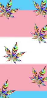 Multicolor leaf pattern on pastel striped background wallpaper.