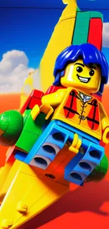 LEGO minifigure flying with colorful airplane.