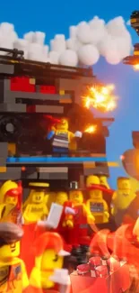 LEGO battle scene with fiery effects on a blue sky backdrop.