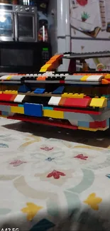 Colorful LEGO car model with vibrant bricks on display.