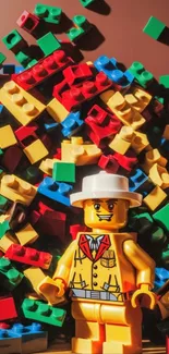 LEGO figure with colorful blocks on a vibrant background.