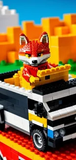 LEGO fox on a truck in a colorful brick landscape.