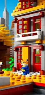 Colorful Lego house and fox figurines in an urban autumn scene.