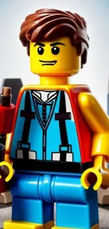 LEGO minifigure holding a tool with cityscape background.