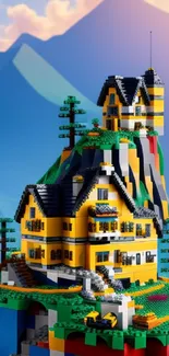 Colorful Lego house set on a vibrant mountain backdrop.