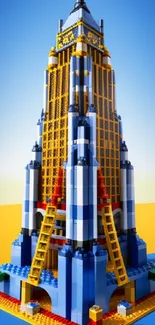 Colorful LEGO tower against a blue sky.