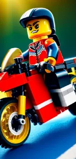 Lego toy figure on a red motorcycle with vibrant colors.