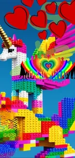 Colorful Lego unicorn with wings and hearts on a blue background.