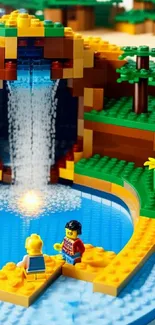 Colorful LEGO scene with waterfall and mini-figures by a pool.