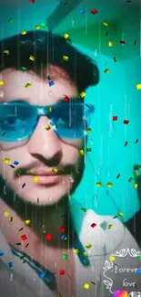 Man with blue sunglasses and confetti on wallpaper