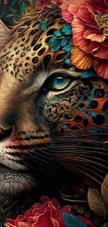 Vibrant leopard and floral fantasy art wallpaper with artistic details.