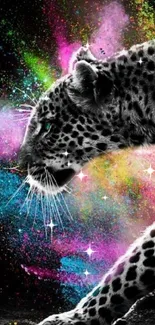 Leopard with colorful splashes background.