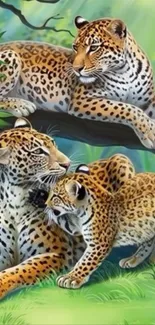Illustrated leopard family in vibrant jungle setting.