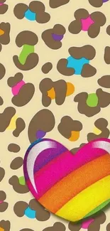 Colorful heart on leopard print wallpaper.