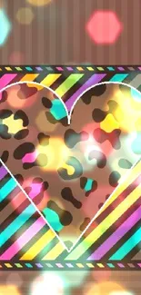 Brown leopard heart on colorful striped background wallpaper