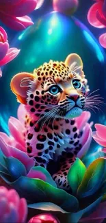 Vibrant leopard amidst pink flowers, vivid mobile wallpaper.