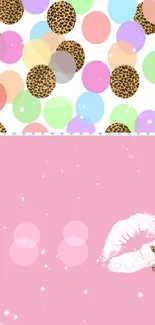 Colorful polka dot and leopard print wallpaper with pink kiss mark.