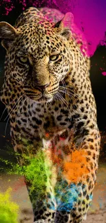 Leopard with colorful paint splashes as a mobile wallpaper.