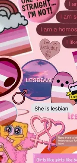 Vibrant lesbian pride collage with pink tones and symbols.