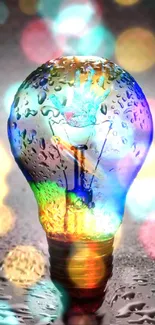 Colorful light bulb art with bokeh background.