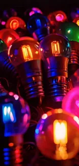 Colorful light bulbs glowing vibrantly.