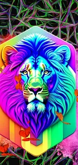 Multicolor lion art wallpaper with abstract neon background.