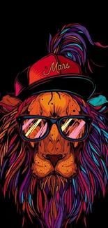 A colorful illustrated lion wearing sunglasses and a hat on a black background.