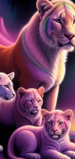 Colorful illustration of a lion family with a purple and pink hue.