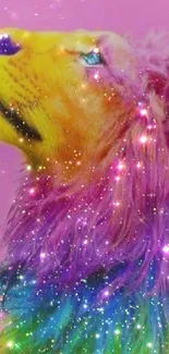 Colorful lion with galaxy mane on purple background.