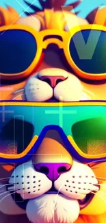 Playful lion art with vibrant sunglasses and colors.