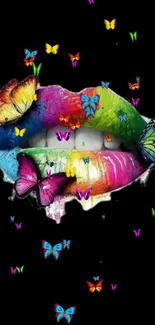 Colorful lips with butterflies on black wallpaper background.