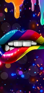 Colorful lips with psychedelic drip effect in vibrant hues.