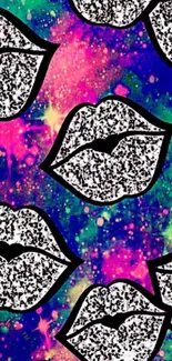 Black and white lips over colorful galaxy background wallpaper.