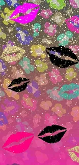 Mobile wallpaper with colorful lips and glitter accents.