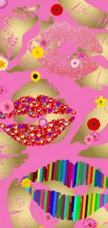 Colorful lips and flowers on pink and gold wallpaper.