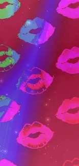 Colorful lip prints on a red background mobile wallpaper.