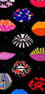 Colorful lips design mobile wallpaper with vibrant patterns on a black background.