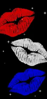 Red, white, and blue lips on a black background mobile wallpaper.